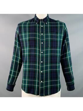 GITMAN VINTAGE Green Blue Plaid Cotton Twill Button Down Collar Shirt